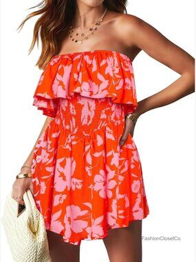 Strapless Floral Romper with Pockets - Sleeveless Summer Jumpsuit